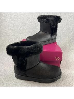 SO Ankle Boots Pull On Womens 8 Faux Fur Trim Shimmer Winter